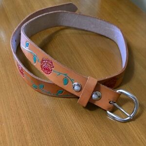 Tooled Leather Belt Floral Roses